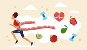 illustration of woman running thru a finish line in a trail of icons of wellness: apple, dumbbells, heart health symbol