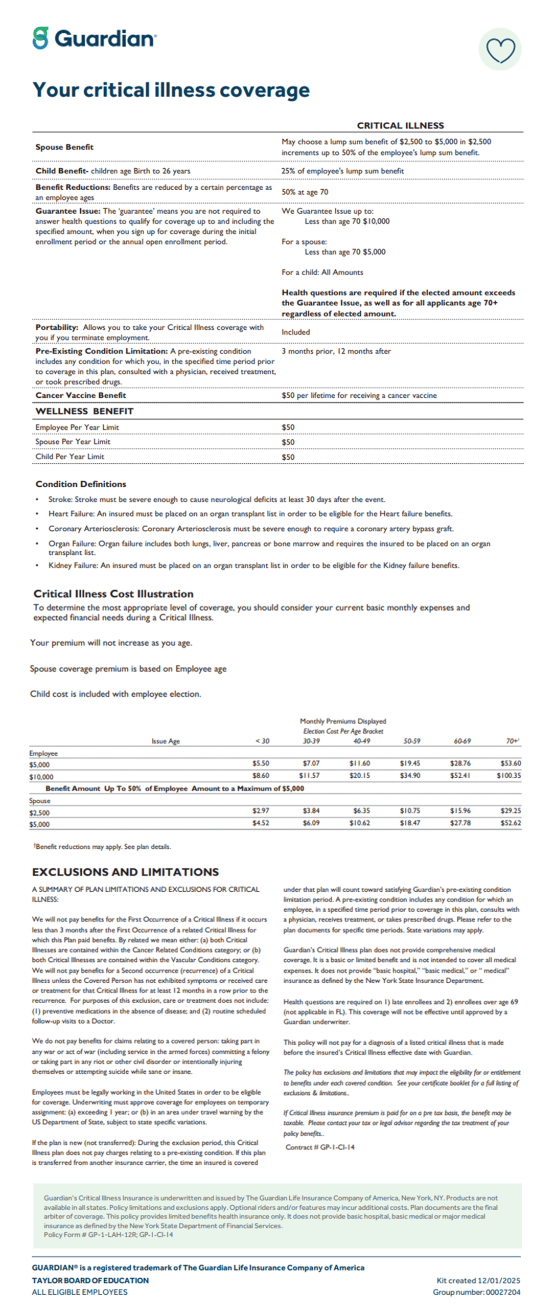 guardian critical illness rules and rates