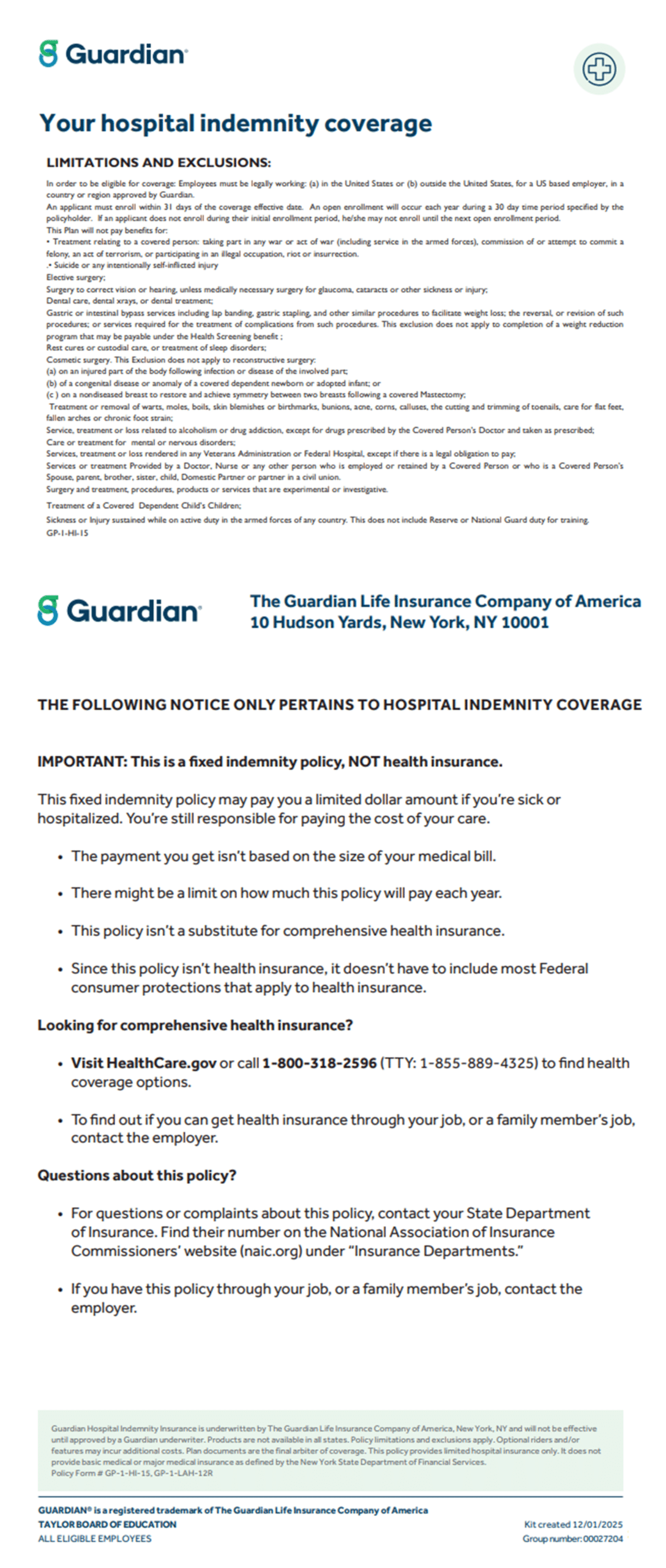 hospital indemnity information and disclaimer
