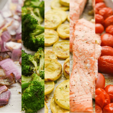 strips of salmon and veggies on a sheet pan